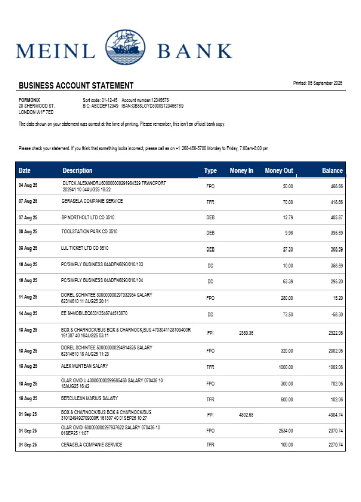 Modèle Word et PDF de relevé de compte courant de la société Meinl Bank